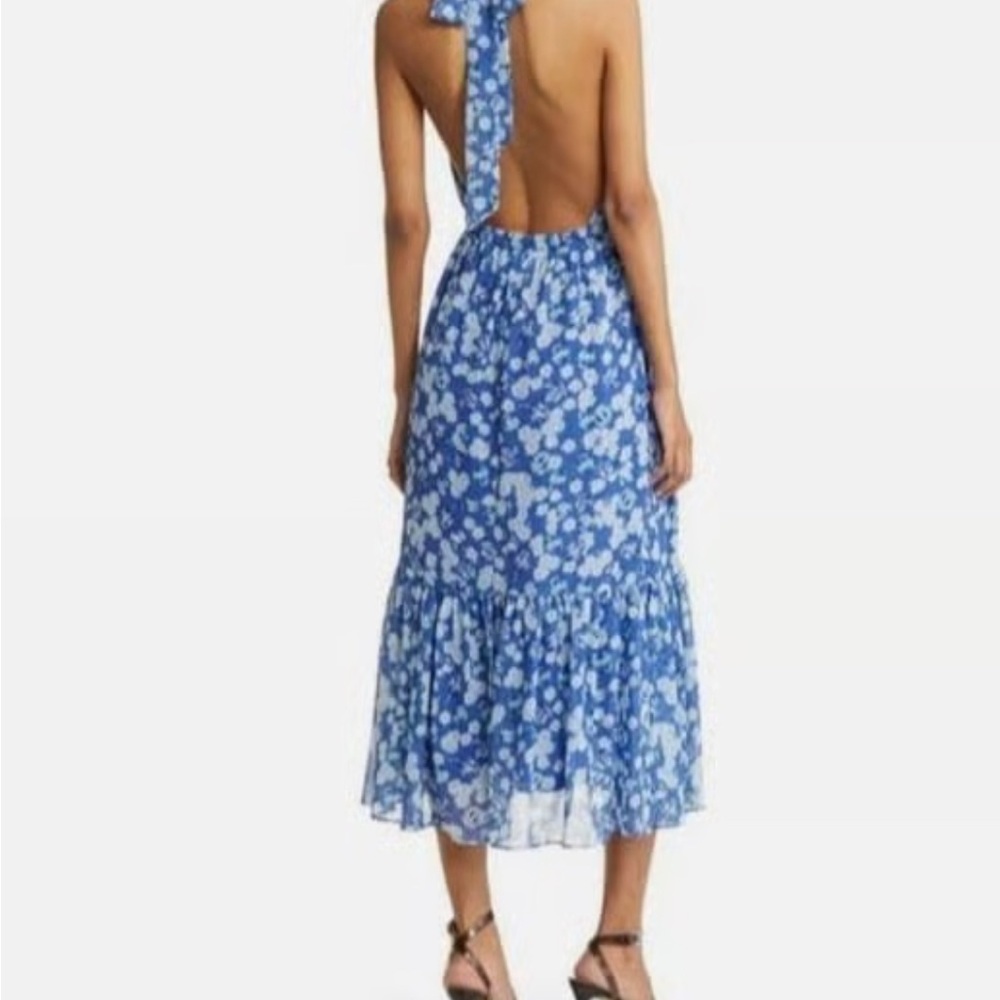 Sold! Chelsea Blue Surf Aster Floral Print Tiered Halter Neck Midi dress - Picture 2 of 8
